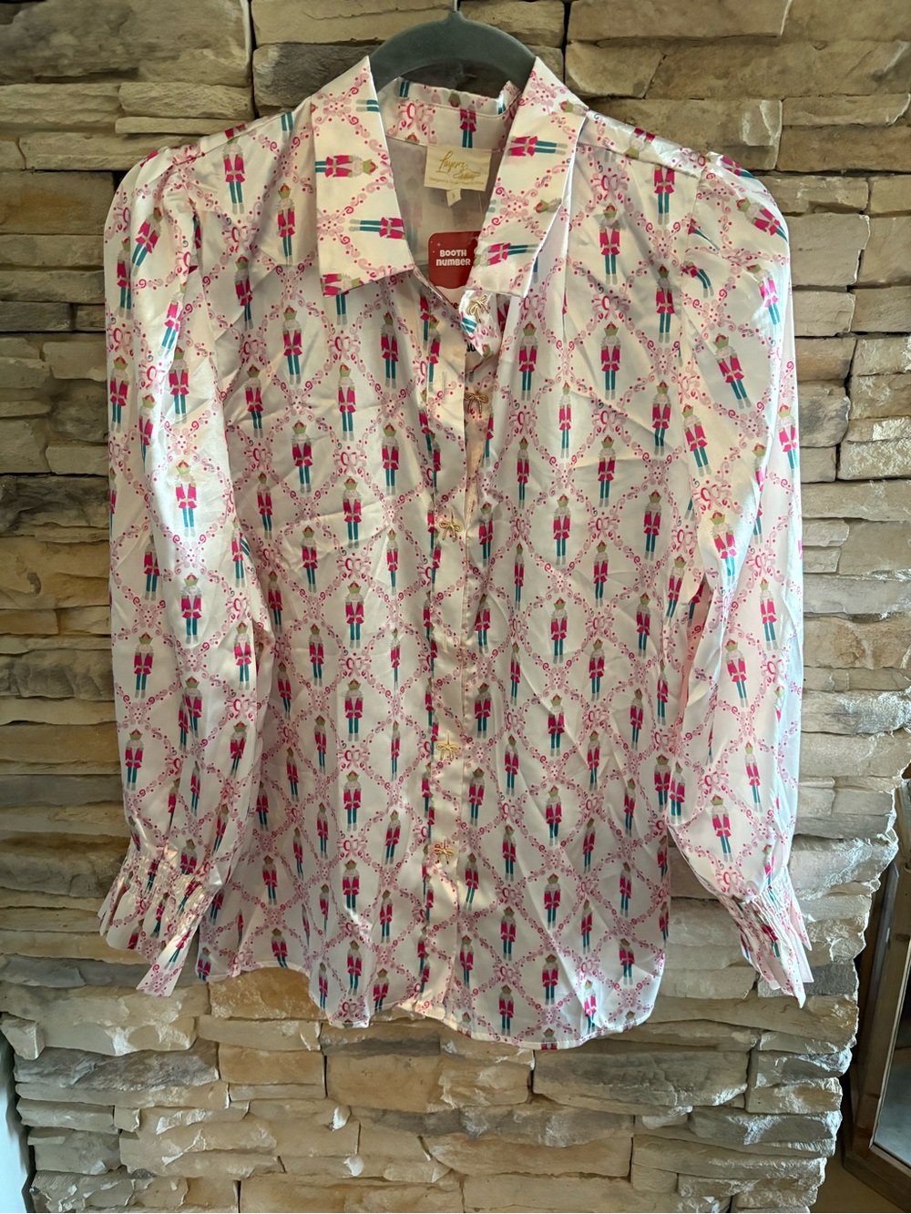 NWT, Women’s Cream w/Pink Nutcracker Print Button-Up Blouse, Size S